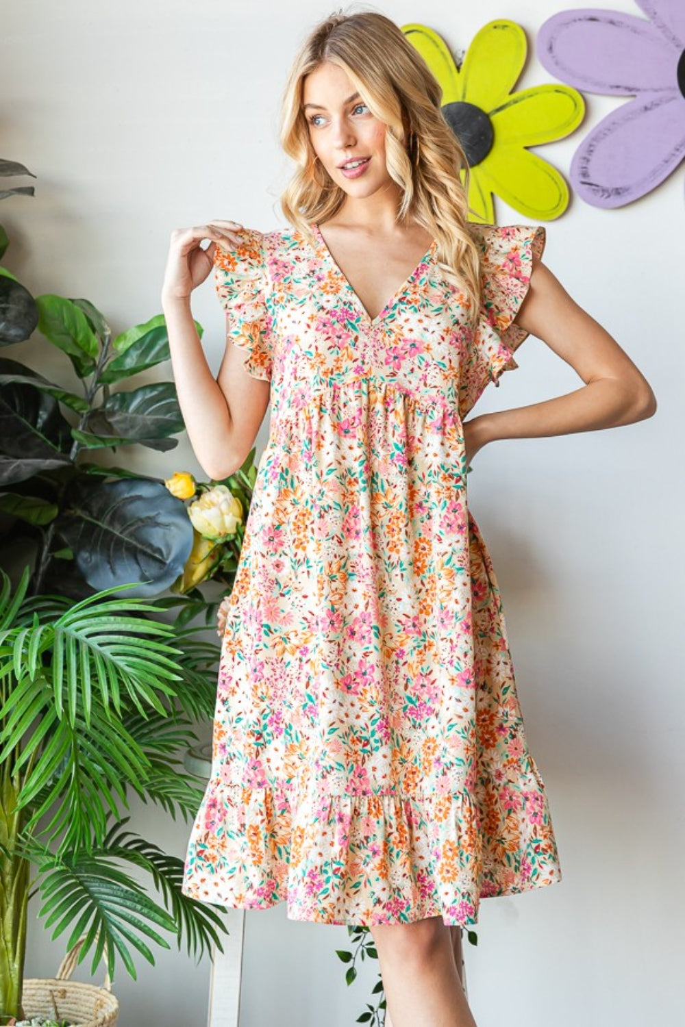 Heimish Full Size Floral Ruffled V-Neck Dress *