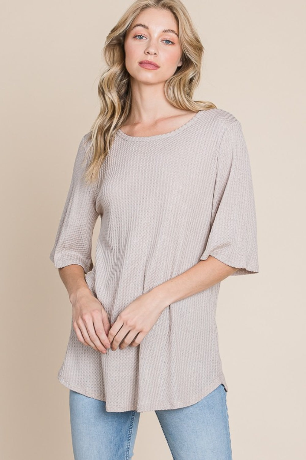 BOMBOM Round Neck Waffle Knit T-Shirt *