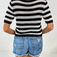 Openwork Striped Round Neck Short Sleeve Knit Top