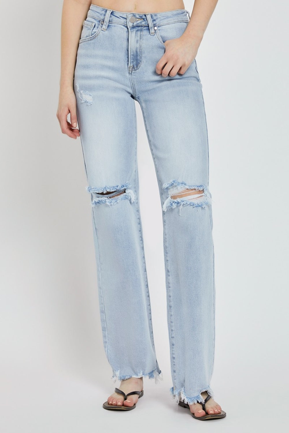 Risen Full Size High Rise Distressed Wide Leg Jeans *