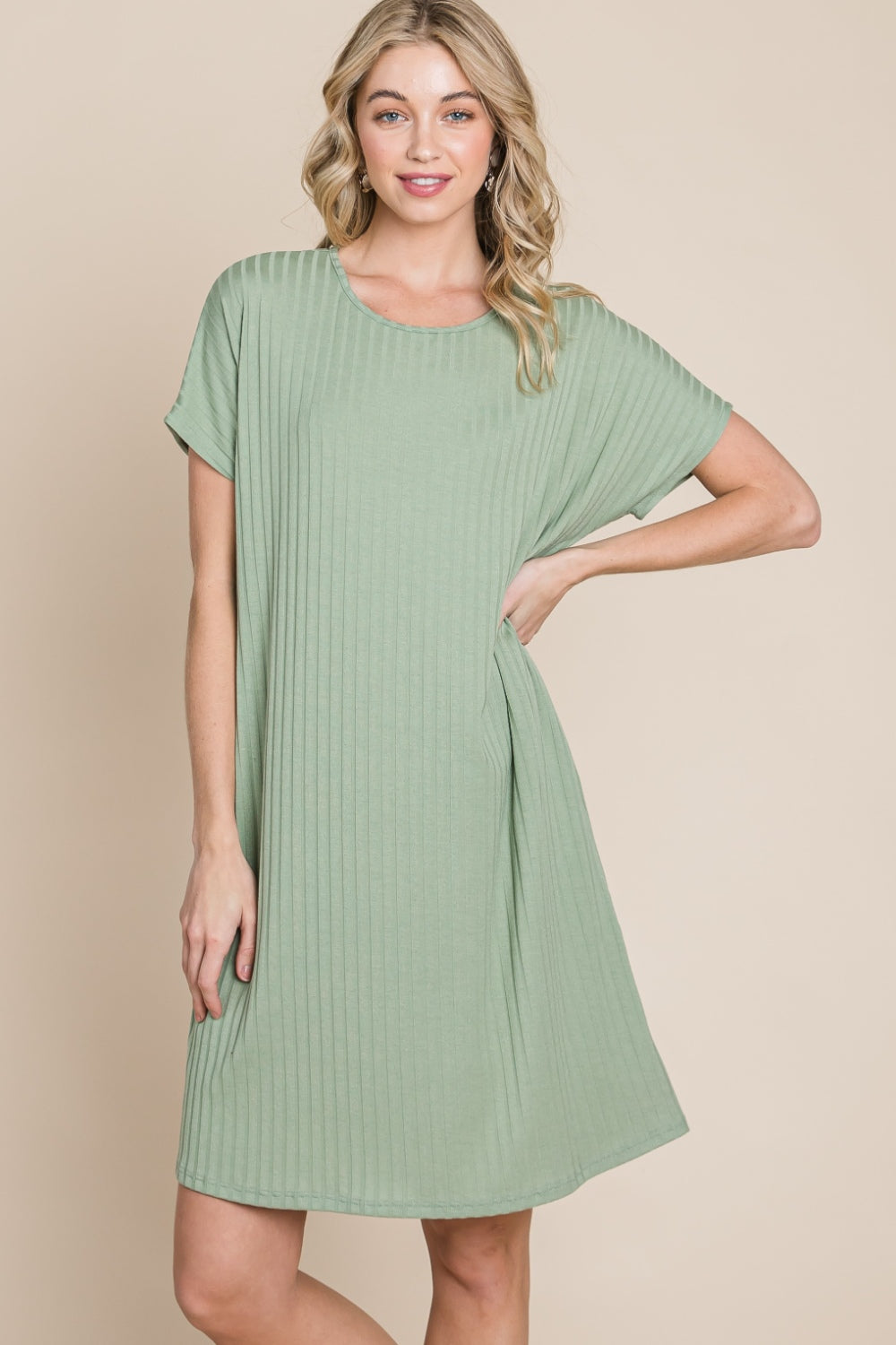 BOMBOM Ribbed Round Neck Short Sleeve Dress *