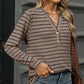 Full Size Striped Notched Long Sleeve T-Shirt