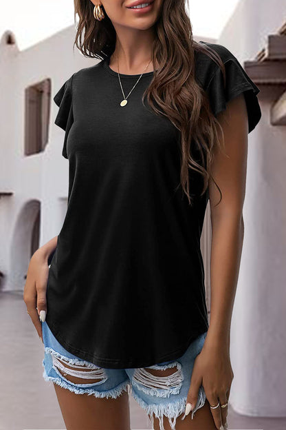 Full Size Ruffled Round Neck Cap Sleeve Blouse
