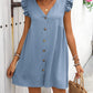 Full Size Button Up V-Neck Cap Sleeve Mini Dress