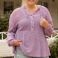 Plus Size Waffle Knit Drawstring Half Button Hooded Knit Top