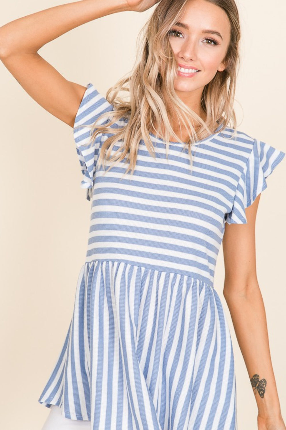 BOMBOM Striped Round Neck Blouse *