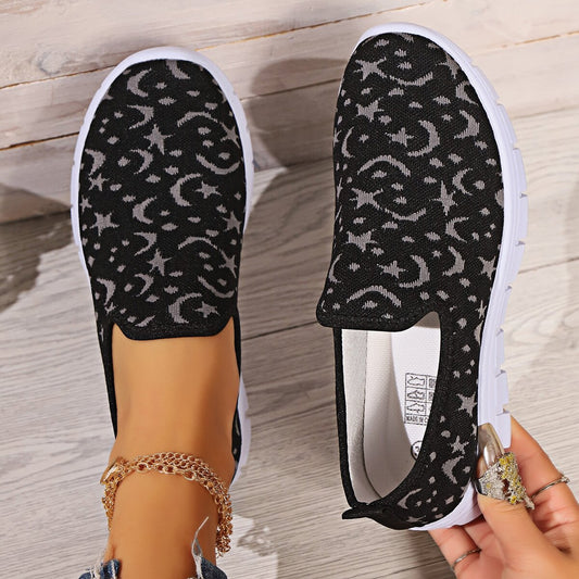 Celestial Star & Moon Pattern Flat Loafers