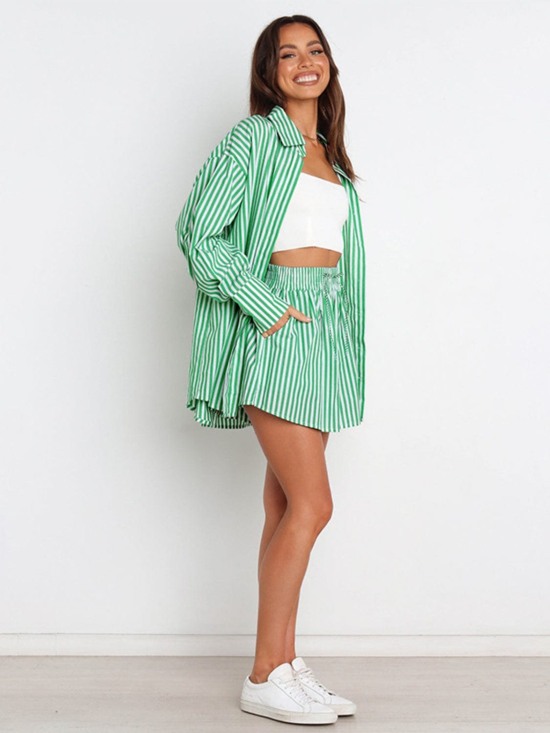 Full Size Striped Dropped Shoulder Shirt and Shorts Set