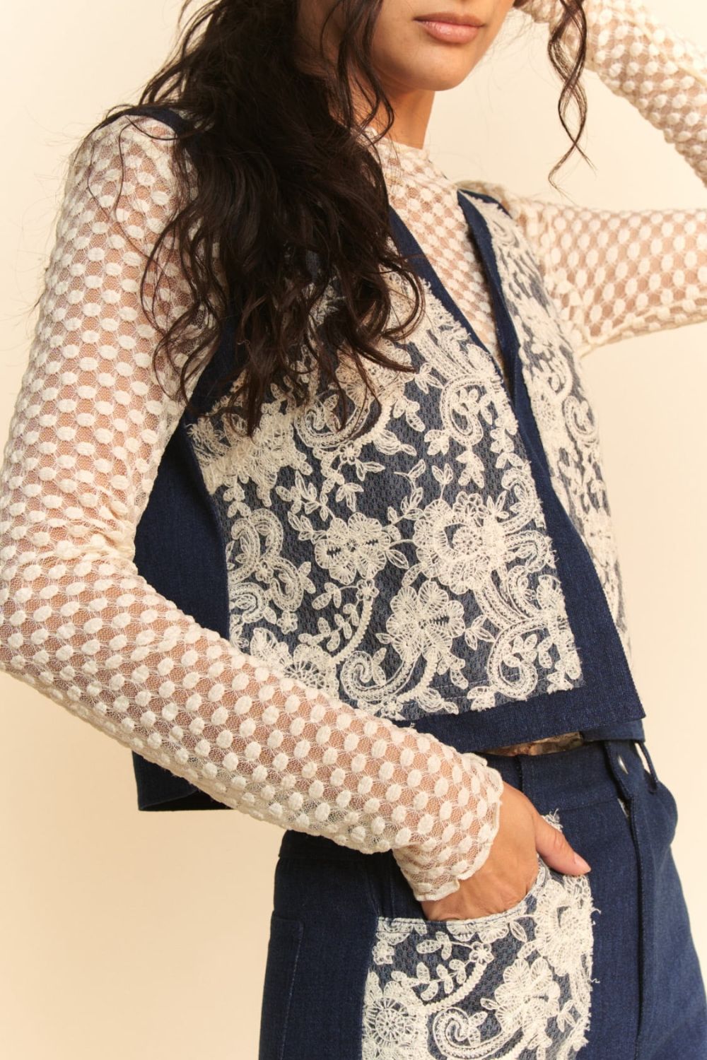 Davi & Dani Lace Patch Open Front Denim Vest *