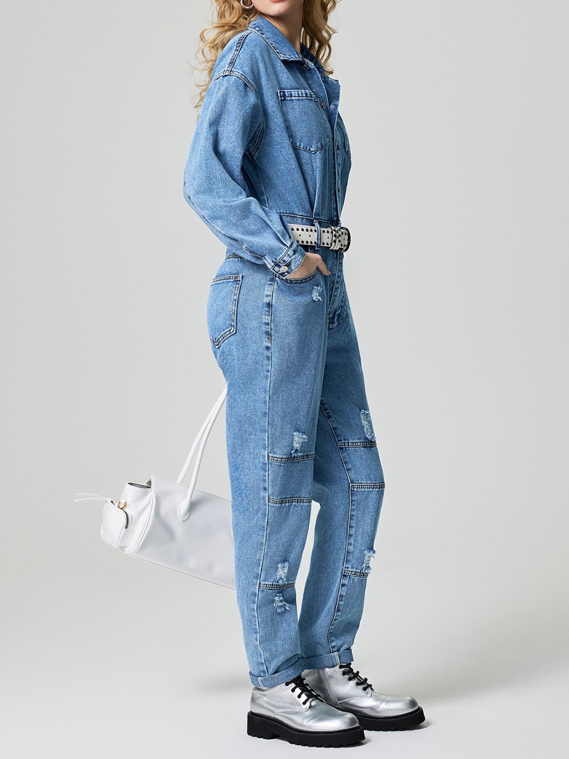 Distressed Button Down Drop Shoulder Denim Jumpsuit