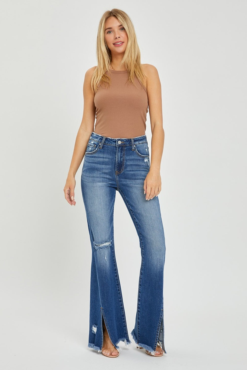 RISEN Full Size High Rise Front Slit Frayed Hem Flare Jeans *