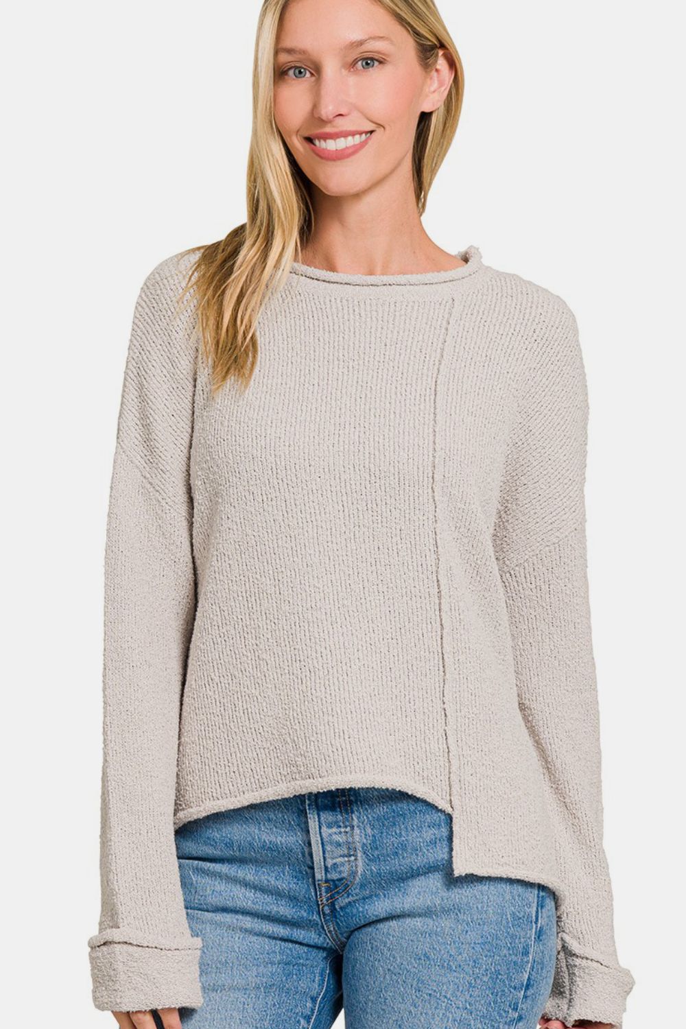 Zenana Asymmetric Hem Drop Shoulder Sweater *