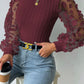 SOSPRING Full Size Textured Applique Long Sleeve Blouse