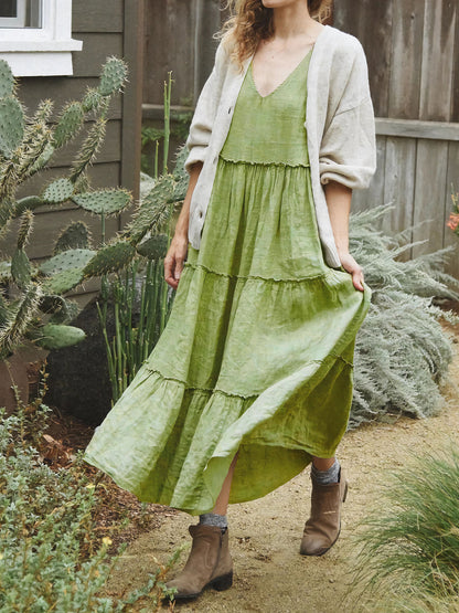 Tiered Frill V-Neck Sleeveless Midi Dress