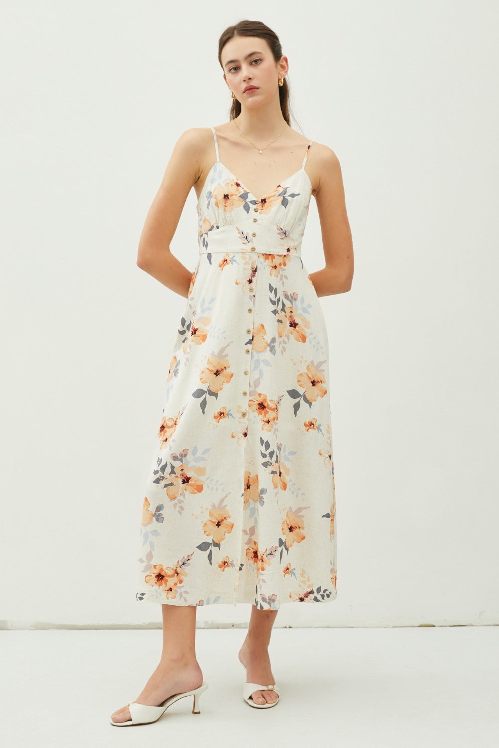 Be Cool Floral Peach Hibiscus Button Down Cami Midi Dress