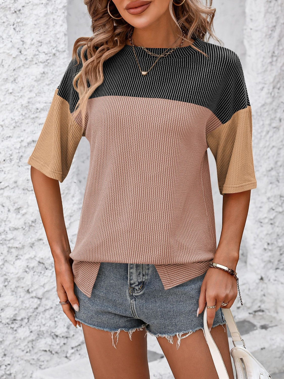 Full Size Color Block Round Neck Half Sleeve T-Shirt