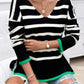 Devine Striped V-Neck Long Sleeve Knit Top
