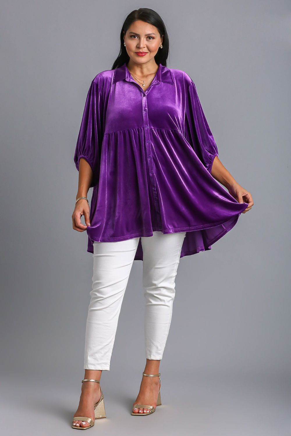 Umgee Full Size Button Down Tiered Back High Low Shirt *