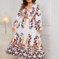 Plus Size Printed Surplice White Flounce Sleeve Dress