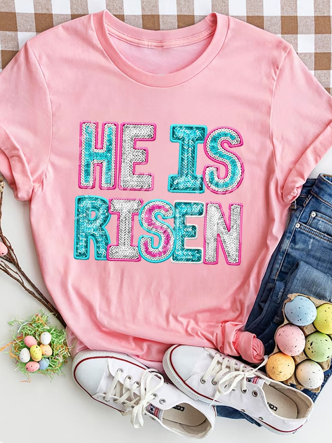 HE IS RISEN Sequin Round Neck T-Shirt