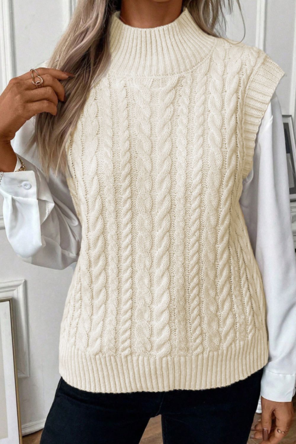 Cable Knit Turtleneck Sweater Vest