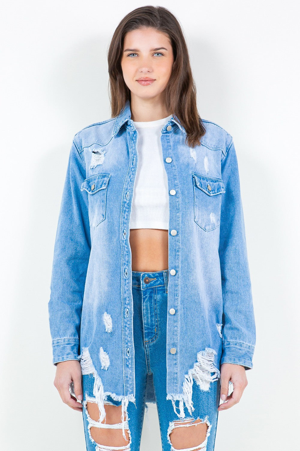 American Bazi Frayed Hem Distressed Denim Shirt Jacket *