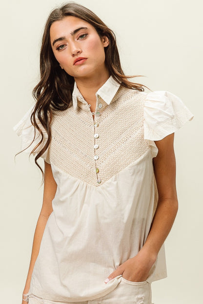 BiBi Half Button Collared Neck Short Sleeve Top - Brand BiBi