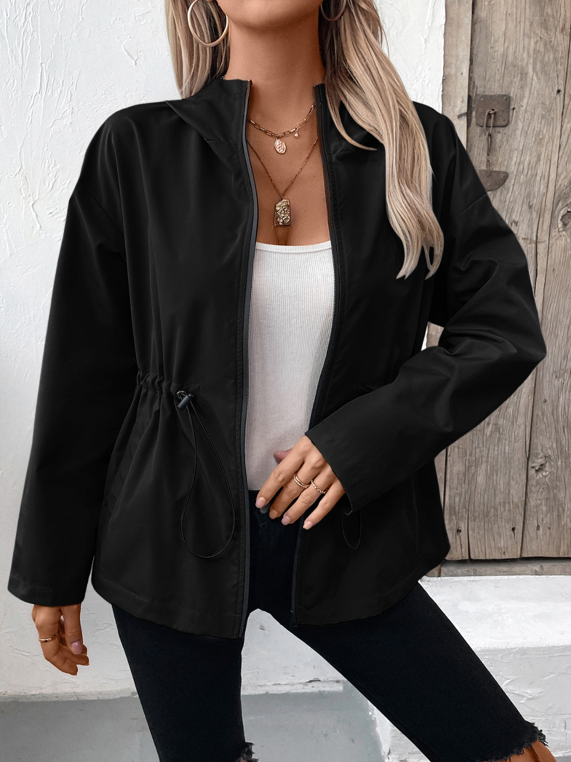 Drawstring Zip Up Hooded Jacket