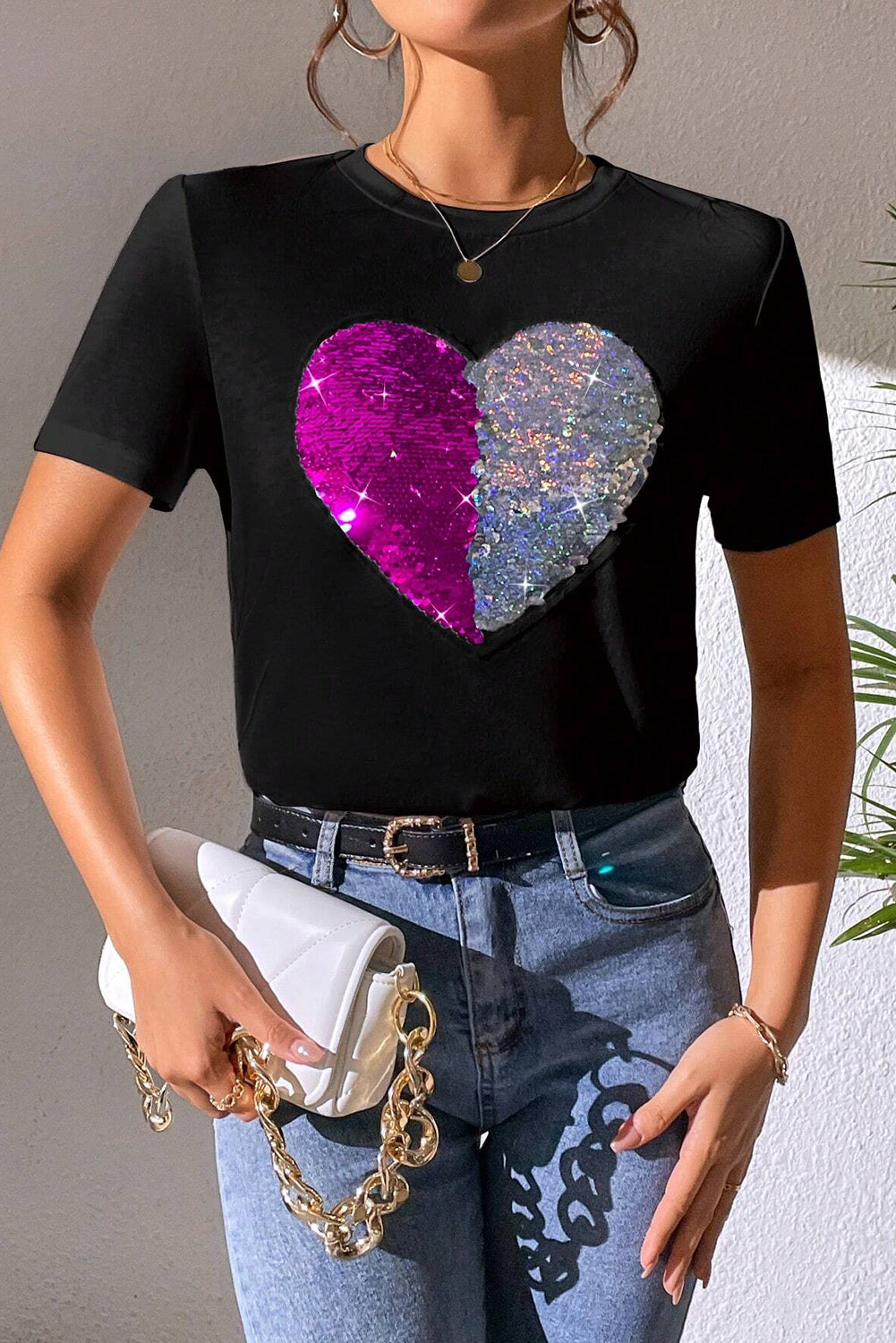 Full Size Heart Sequin Round Neck Short Sleeve T-Shirt