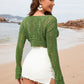 Drawstring Openwork Long Sleeve Cover-Up