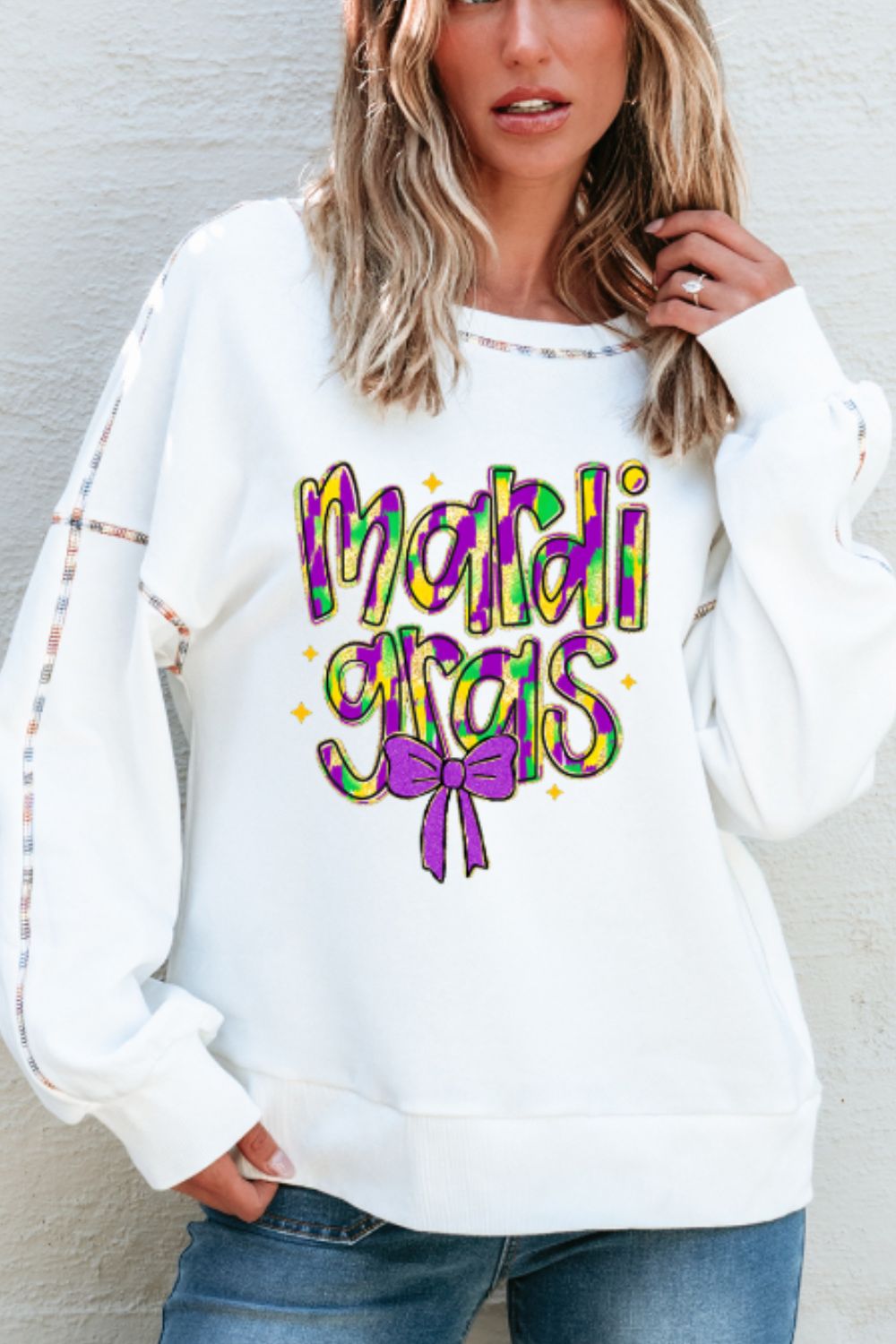 MARDI GRAS White Round Neck Long Sleeve Sweatshirt