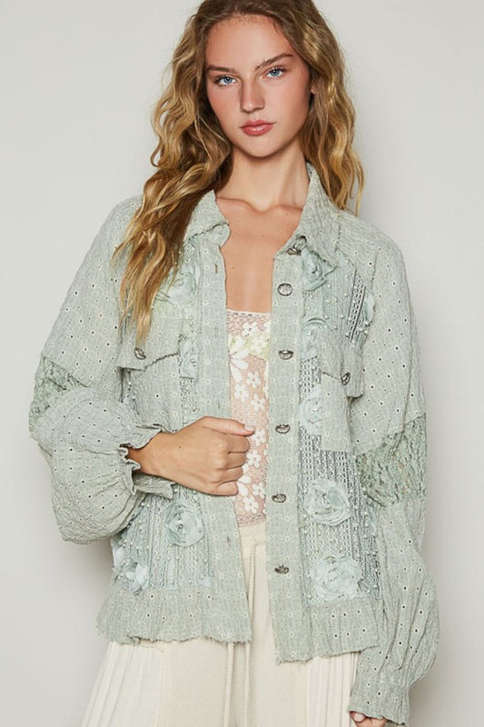 POL Eyelet Flower Pearl Detail Lace Patchwork Shirt