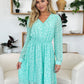 Double Take Full Size Printed Ruched V-Neck Long Sleeve Dress