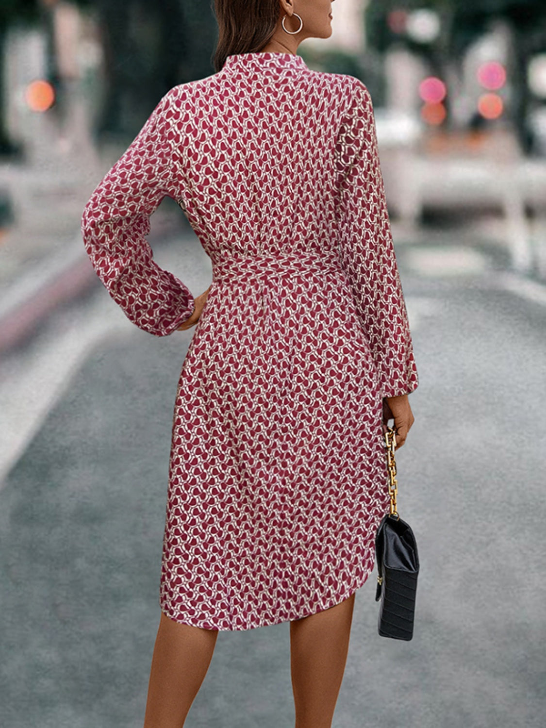 Tied Printed Notched Balloon Sleeve Dress