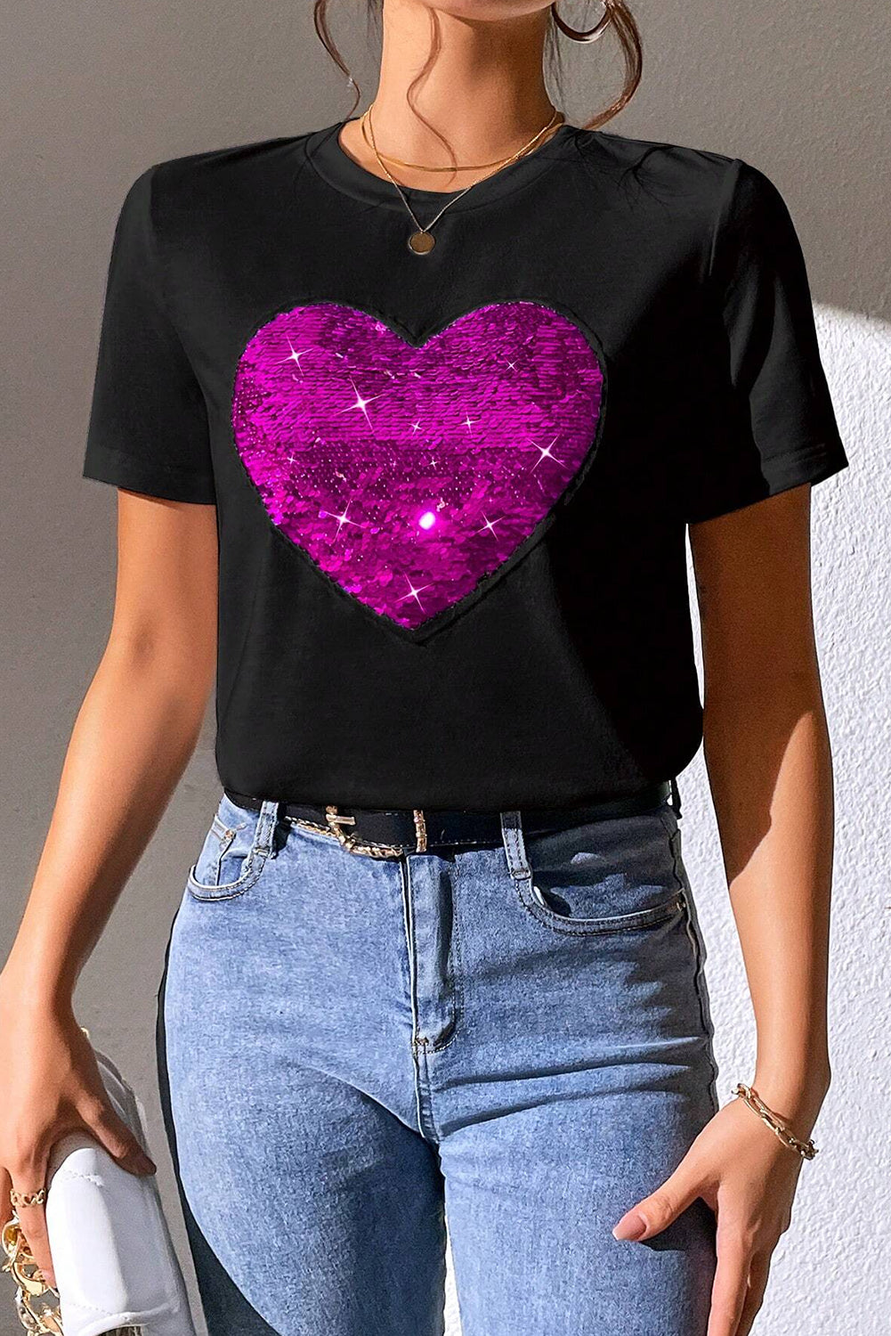 Full Size Heart Sequin Round Neck Short Sleeve T-Shirt