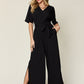 Double Take Full Size V-Neck Tie Front Short Sleeve Slit Jumpsuit