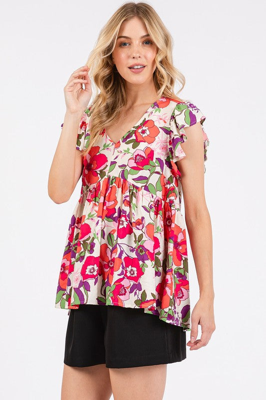 Mittoshop Floral V-Neck Ruffled Cap Sleeve Blouse