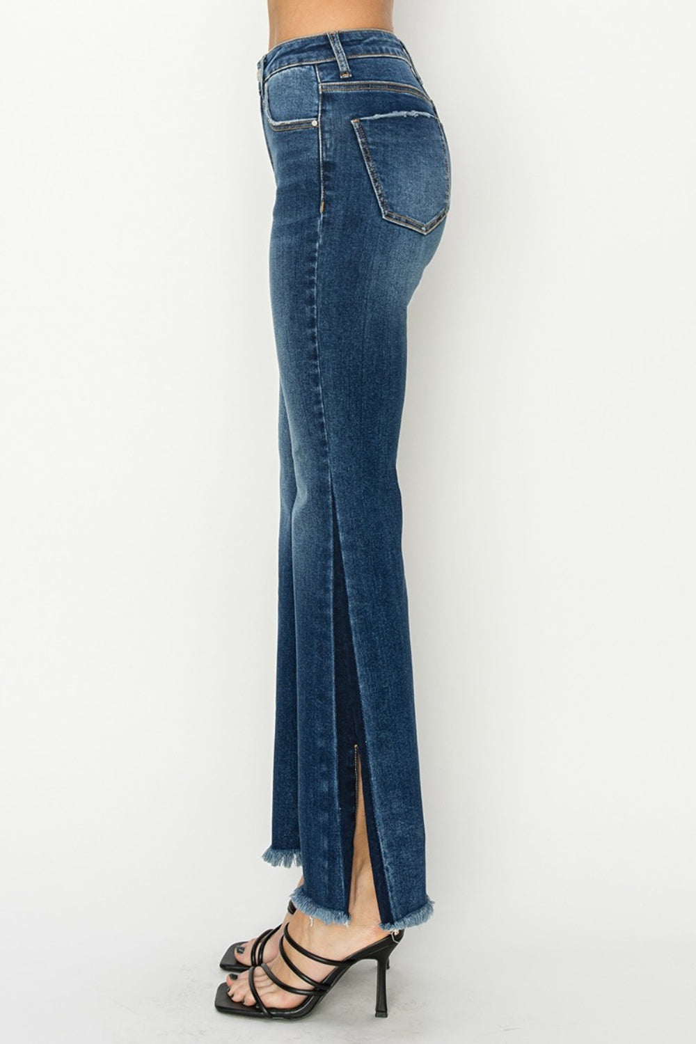 RISEN Full Size High Rise Side Shadow Seam Detail Slit Flare Jeans *