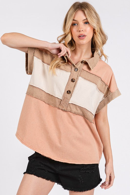 Mittoshop Mineral Washed Half Button Polo Top *