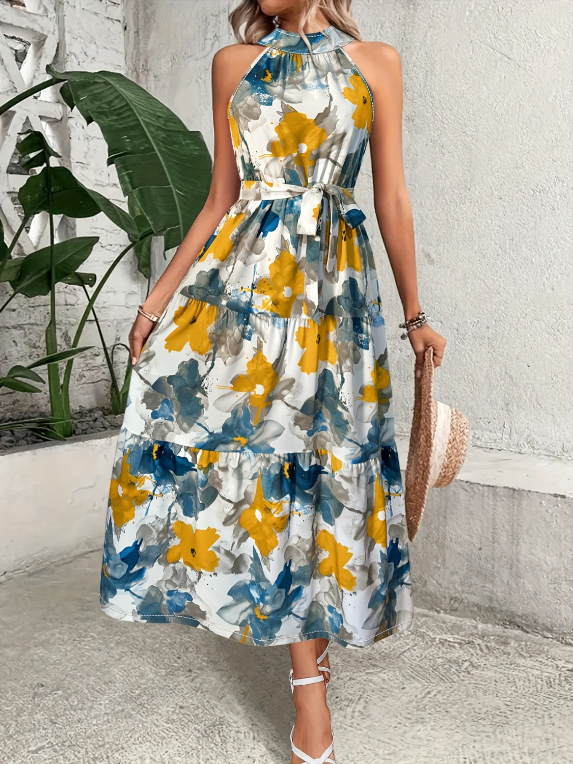 Tiered Printed Mock Neck Sleeveless Midi Dress