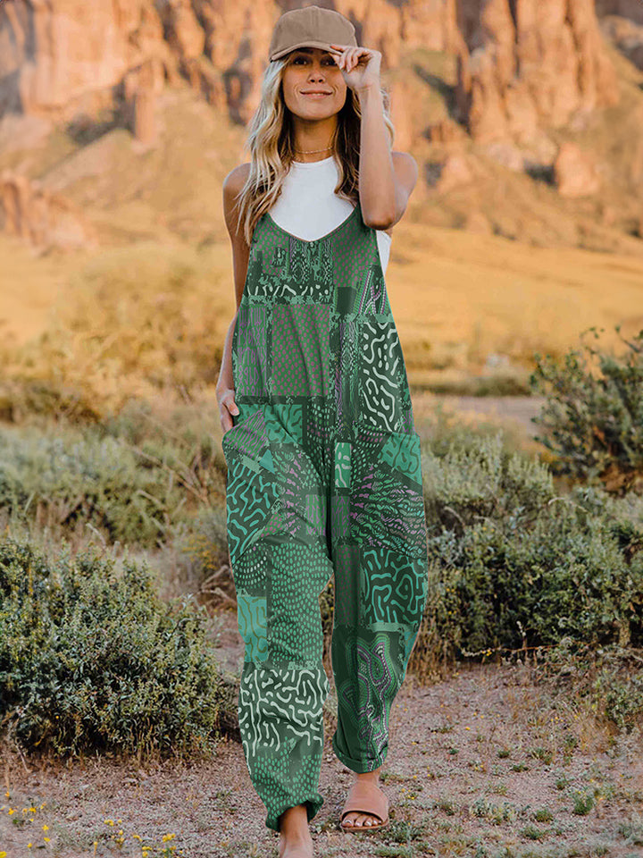 Double Take Full Size Printed V-Neck Sleeveless Jumpsuit