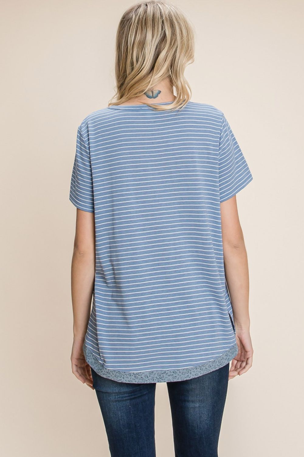 Cotton Bleu by Nu Lab Slit Striped Notched Short Sleeve T-Shirt *