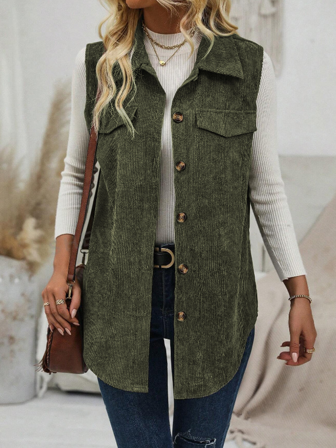 Button Up Collared Neck Vest Coat