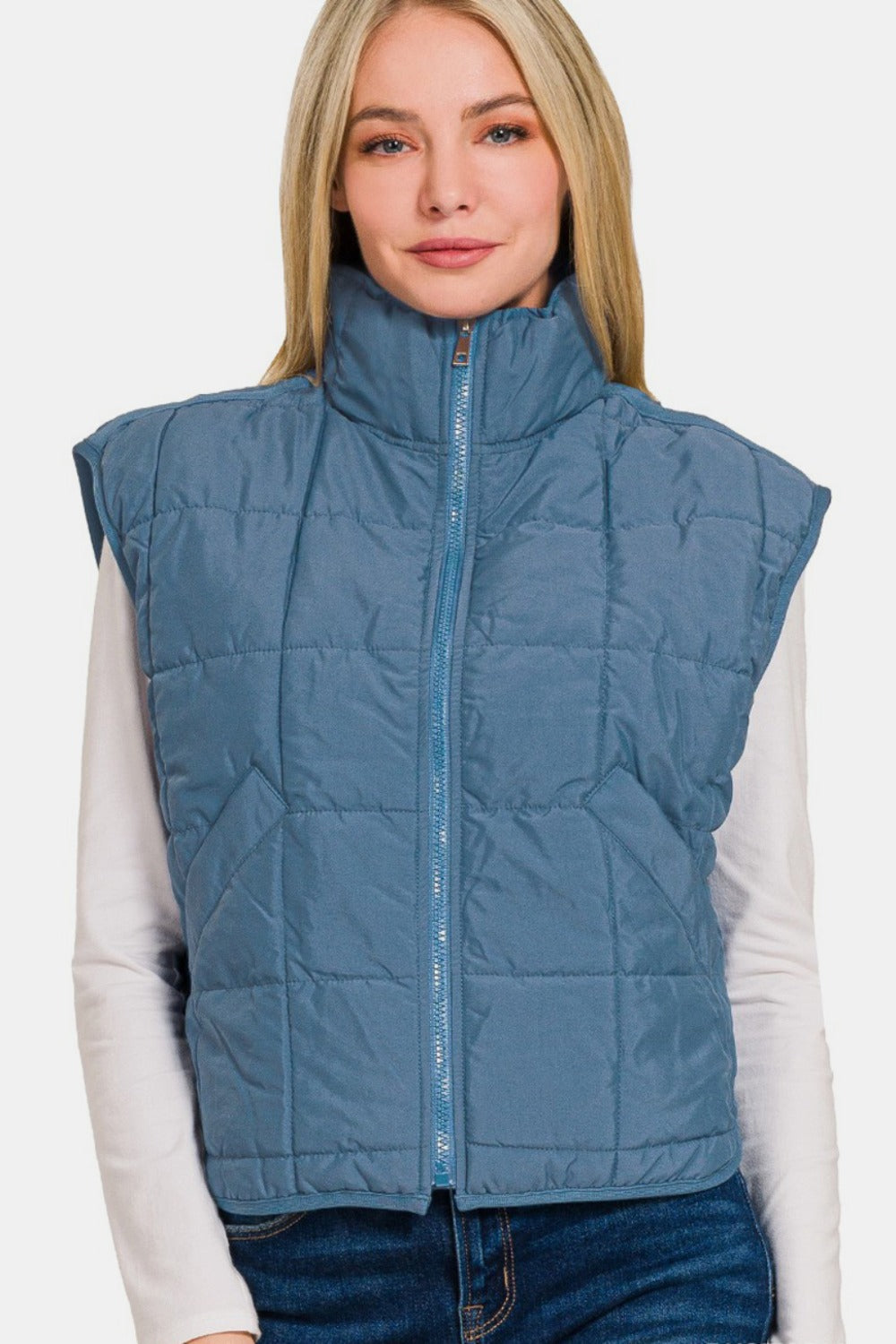 Zenana Zip Up Cropped Puffer Vest with Pockets- Brand Zenana *