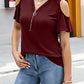 Full Size Half Zip Cold Shoulder Top
