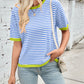Lovelet Striped Contrast Round Neck Half Sleeve Knit Top