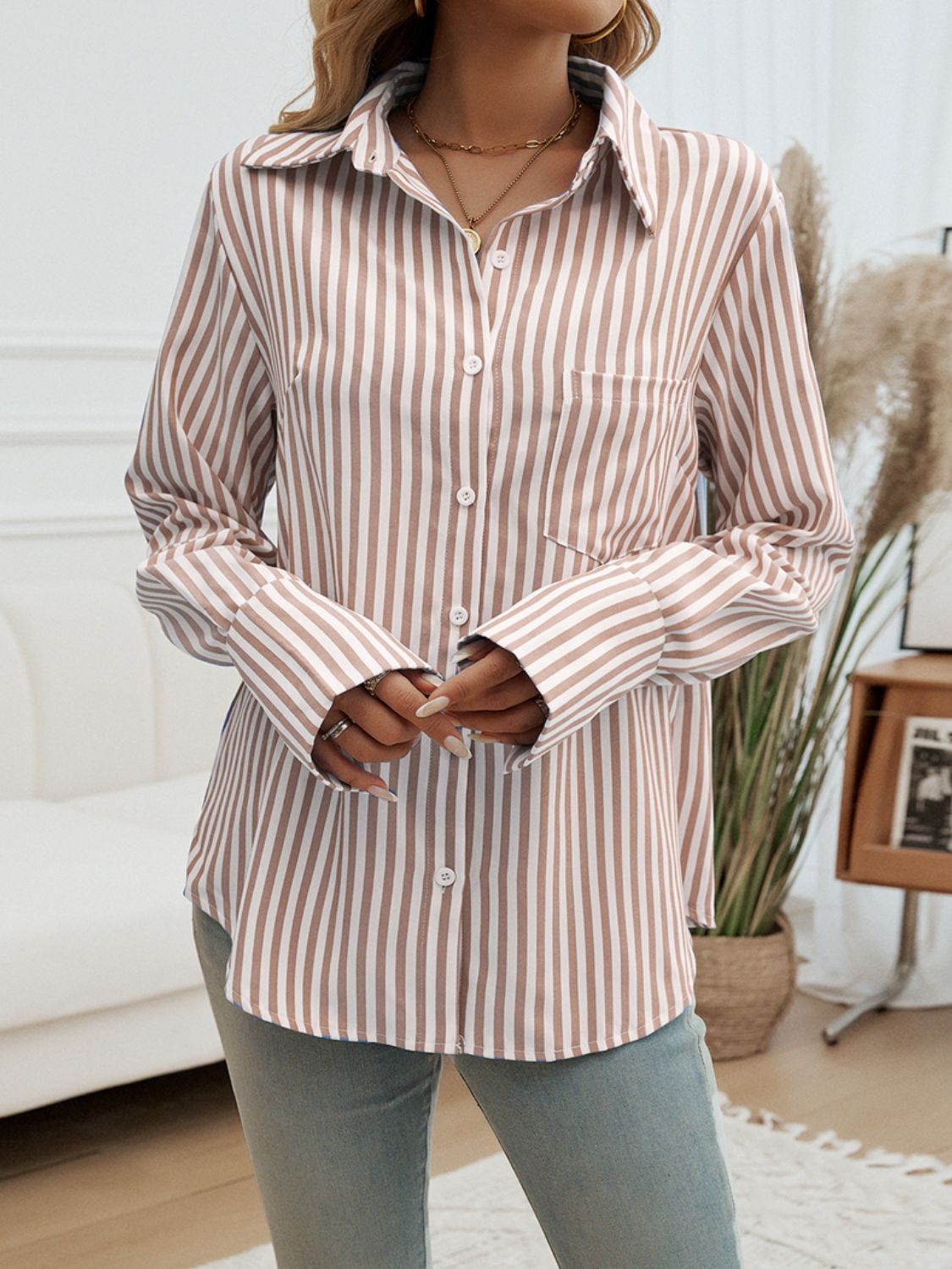 Pocketed Striped Collared Neck Long Sleeve Shirt