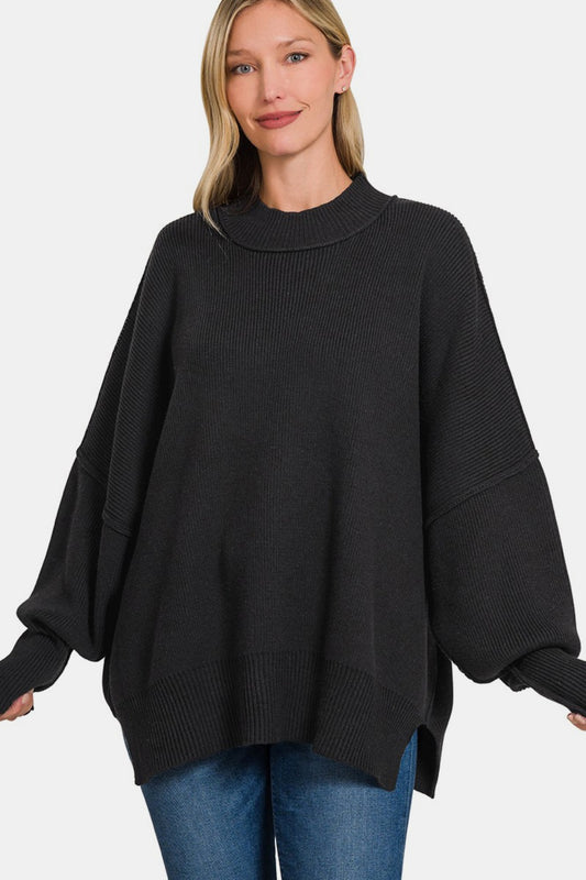 Zenana Side Sit Oversize Black Sweater