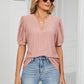 Eyelet Short Puff Sleeve Notched Neck Top