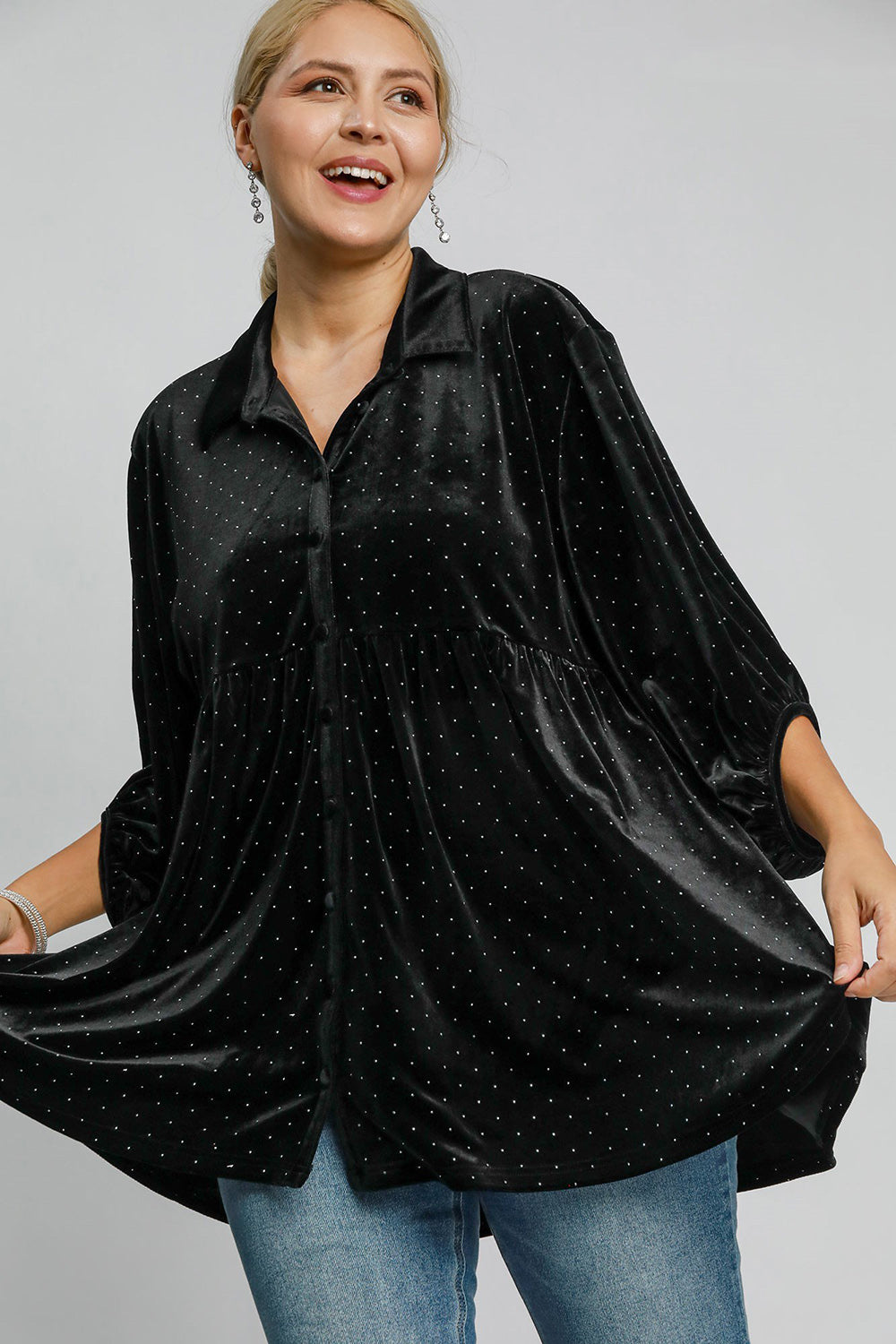 Umgee Full Size Polka Dot Button Up Half Sleeve Shirt *